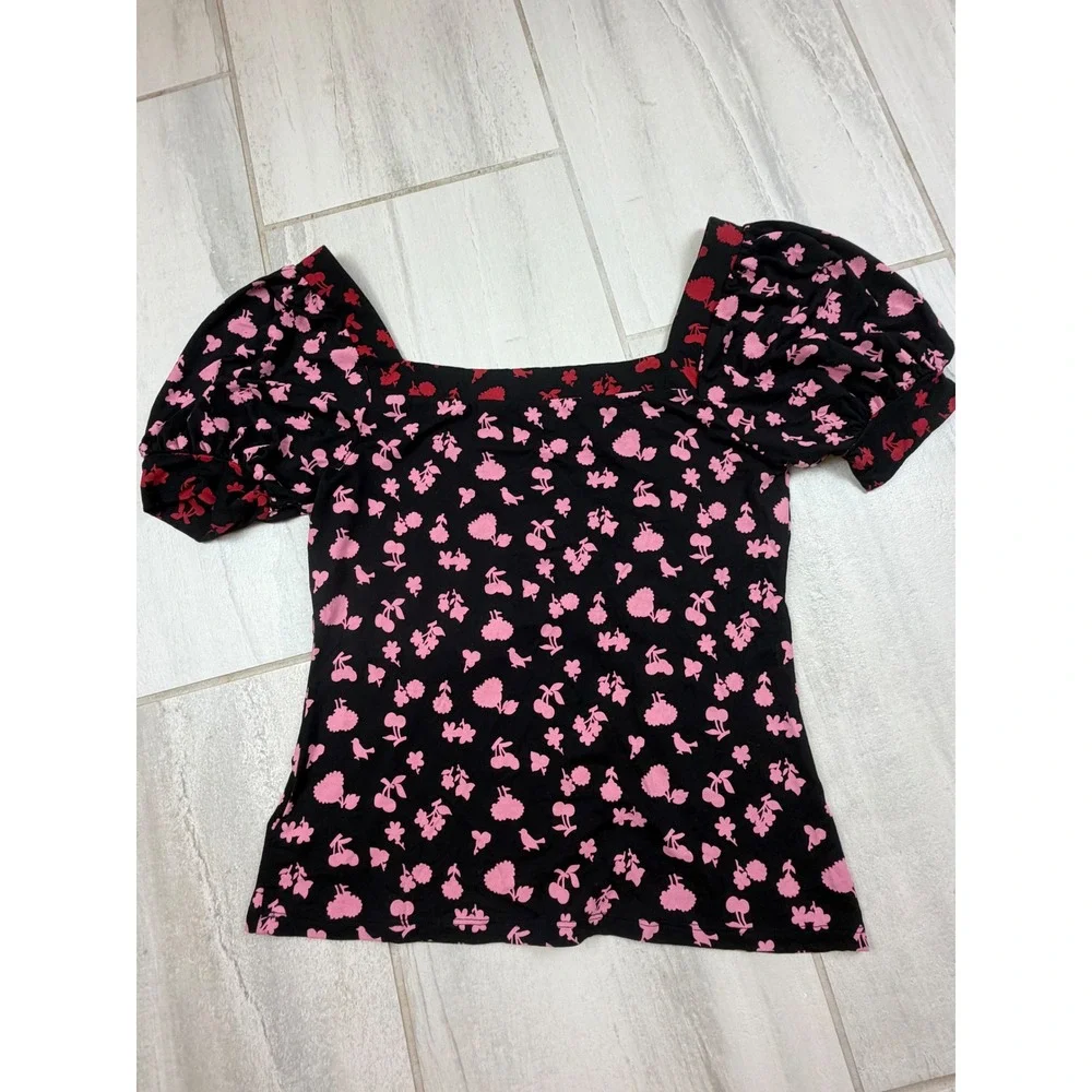 Boden Womens Pink Cherry Floral Puff Sleeve Square Neck Top Black Size US 8